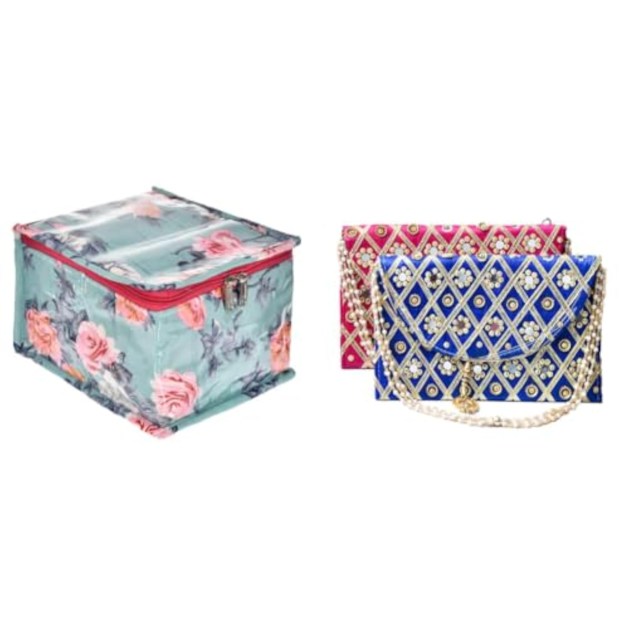 PVC Flower Print Jewellery Organizer Box with 10 Detachable Pouches