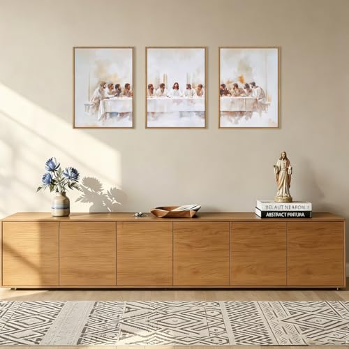Image of KAIRNE Jesus Last Supper Framed Canvas Wall Art Set, Christian Twelve Apostle Wall Decor, Bible Renaissance wall Painting, Religious Picture Art Print for Living Room, Bedroom, Church-12 x16 x3
