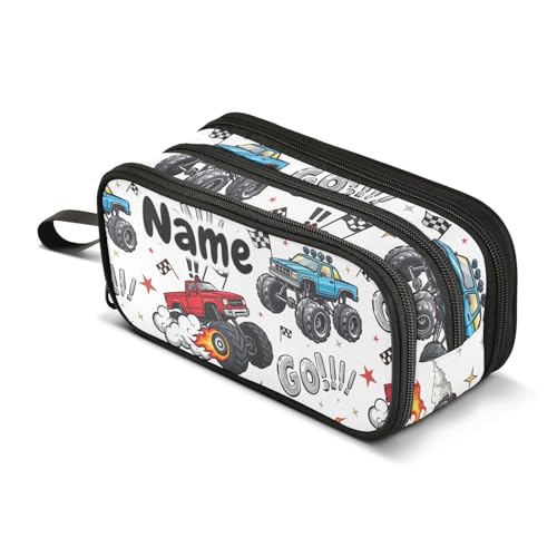 Image of Custom Truck Racing Car Flag Pencil Case Box Boys Girls Personalized Name Large Pencil Pouch Stationery Pen Bag Organizer for Kids Adults School Office