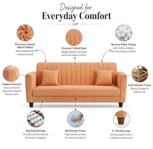 Image of MS Luxury FURNITRE Premium Luster 3-1-1 Sofa Set | 3 Seater | 5 Seater | Velvet Suede Fabric | 7 Colours with Sollid fibare Legs & 4 Cushion Free. (Peach, 3+1+1)