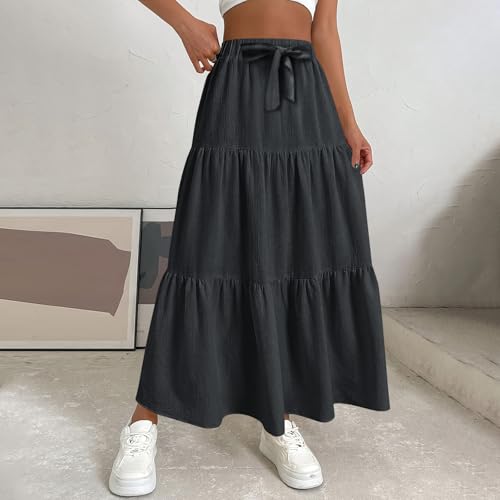 Linen Maxi Skirts for Women 2025 Casual Summer Tiered Long Pleated Skirt Comfy Elastic Waist Beach A Line Flowy Skirt3