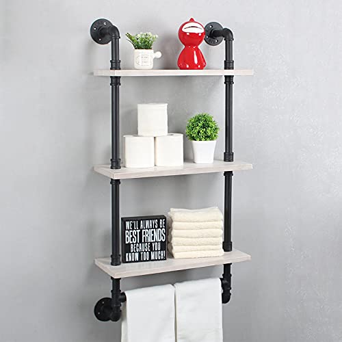 Industrial Pipe Bathroom Shelves 3-Tier Wall Mounted,19.7" Rustic Wall Shelf With Bath Towel Bars,Farmhouse Towel Rack,Metal & Wooden Floating Shelves,Over The Toilet Storage Shelf,White & Black #TOP4