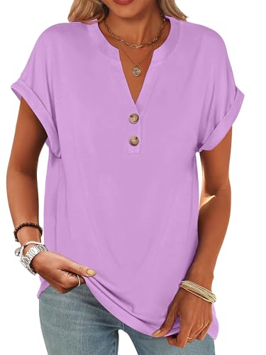 Image of ANRABESS Womens Short Sleeve Henley Tops V Neck Dressy Casual Blouses Summer Trendy Tee Shirts 2026 Vacation Fashion Clothes