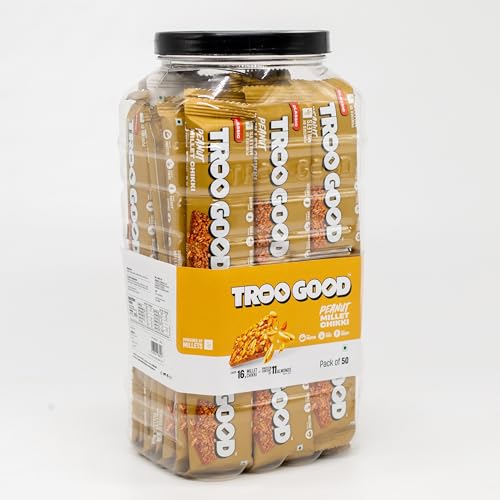 Image of TROOGOOD Peanut Chikki Jar (50Pcs, 16g Each) Jaggery Peanut Bars, Millet Chikki, No Added Preservatives or Colours | Gajak, Healthy Indian Sweets Snack, Protein Bar Alternative, Kids Snack, Office Snack