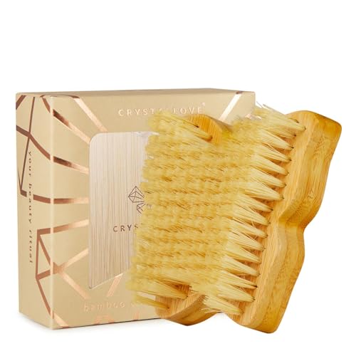 CRYSTALLOVE Cepillo de masaje de bambú – Cepillo corporal de madera – Cepillo seco con cerdas naturales de agave – Cepillo de madera para exfoliación corporal y celulitis – Cepillo exfoliante –