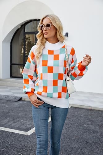 Image of Spring Sweaters for Women, Women's Long Sleeve Turtleneck Stripes Plaid Trendy Oversized Ribbed Knit Pullover Sweater