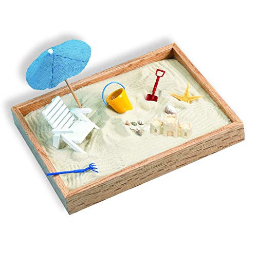 Executive Sandbox - Beach Themed Zen Garden - Desktop Stress Relieving Office Decor - Includes 8” x 10” Hardwood Sandbox, 8 Seaside Accessories, and Ultra-Fine Sand