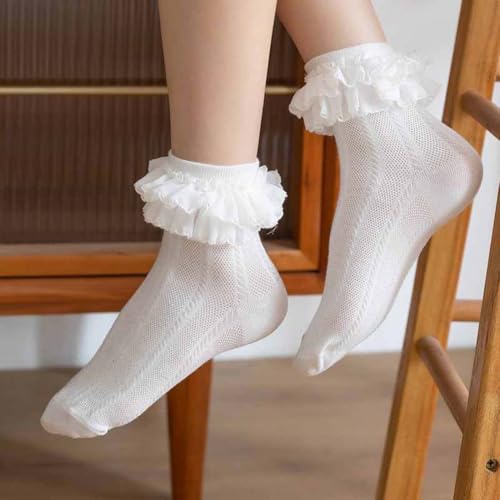 Women Girl Ankle Sock, Lace Top Mesh Summer Socks Lolita Princess Dress Sock with Ruffle Trim Dance Socks PWZ132