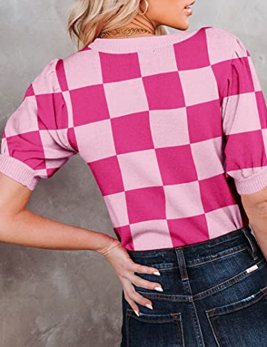 Image of Womens Puff Short Sleeve Sweater Tops Crewneck Basic Knit Pullover Lightweight Casual Sweaters