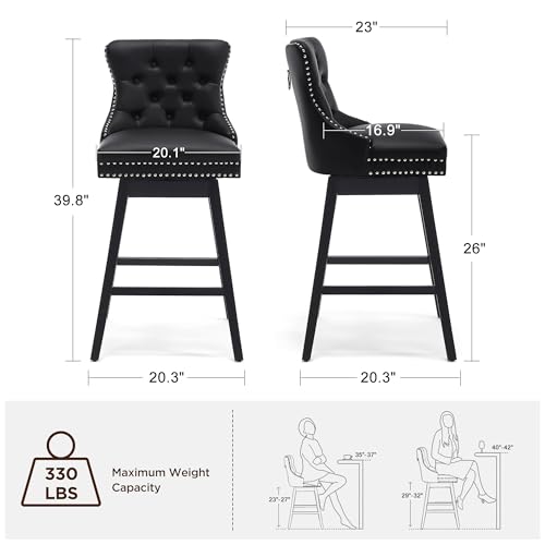 Image of 26 inch Counter Height Swivel Bar Stools, Faux Leather Upholstered Kitchen Bar Chairs with Back, Tufted Seat, Solid Wood Legs (Black, 26 inch H Seat, Set of 4)