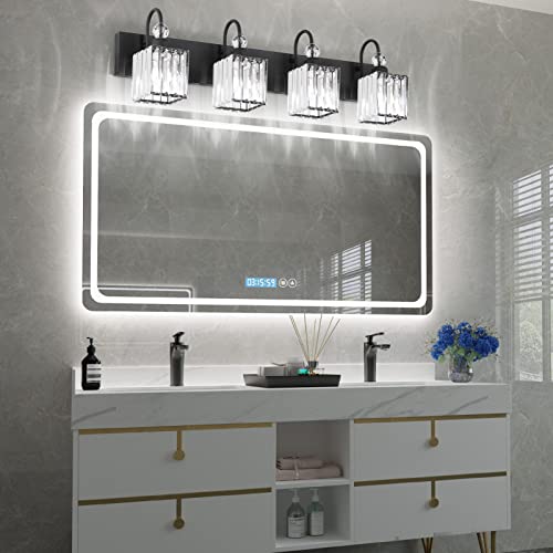 Image of Ralbay Matte Black Crystal Vanity Light 4 Light Modern Crystal Bathroom Lighting Fixtures Over Mirror, Crystal Black Bathroom Vanity Light