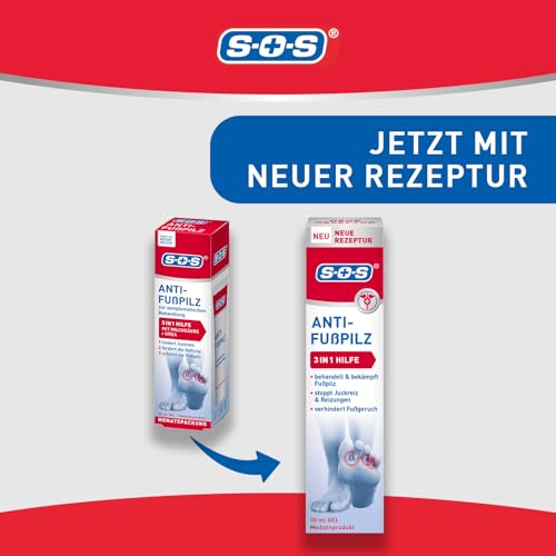SOS Anti-Fußpilz Gel 30 ml, 3in1 Wirkung gegen Fußpilz, lindert Juckreiz & Brennen, beugt Neubefall vor, klinisch getestet, für Kinder ab 4 Jahren & Erwachsene