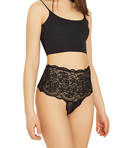 Cottonhill Underwear High Waisted Lace Panties, Sexy Thongs for Women with Elastic Criss Cross Back