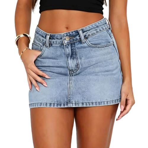 LXEASYGO Womens Denim Mini Skirt Bodycon Denim Skort with Pockets Casual Low Rise Short Jean Skirts for Women (UK Alpha M Regular Regular LightBlue)