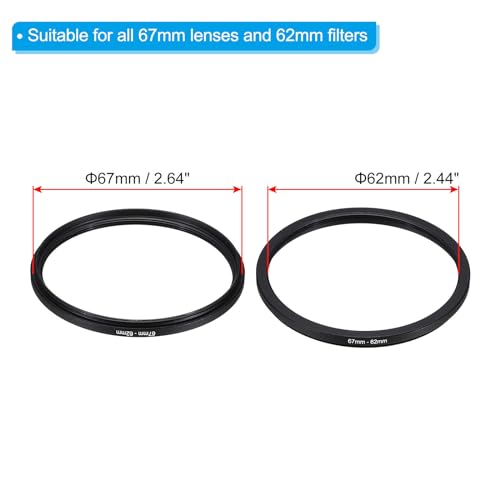 PATIKIL 67mm-62mm Metal Step Down Ring with Cleaning Cloth, 2 Pack Camera Lens Filter Adapter Ring Aluminum Filter Adapter Ring for Camera Lenses Hood, Black