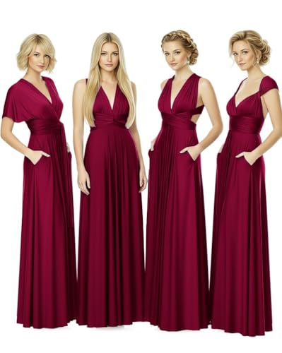 Infinity Bridesmaid Dress with Pockets & Bandeau – Convertible Multiway Maxi Wrap Dress, Formal Wedding Gown for Women & Plus Size (Burgundy, One Size Plus)