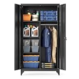 SONGMICS Mehrzweckschrank, Garderobenschrank, Aufbewahrungsschrank, Aktenschrank, Metallschrank, mit 2 Türen, 5 Fächern, Hängestange, abschließbar, hohe Füße, 80 x 40 x 165 cm, Mattschwarz OMC018BD01