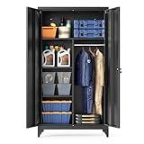 SONGMICS Mehrzweckschrank, Garderobenschrank, Aufbewahrungsschrank, Aktenschrank, Metallschrank, mit 2 Türen, 5 Fächern, Hängestange, abschließbar, hohe Füße, 80 x 40 x 165 cm, Mattschwarz OMC018BD01