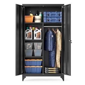 SONGMICS Mehrzweckschrank, Garderobenschrank, Aufbewahrungsschrank, Aktenschrank, Metallschrank, mit 2 Türen, 5 Fächern, Hängestange, abschließbar, hohe Füße, 80 x 40 x 165 cm, Mattschwarz OMC018BD01