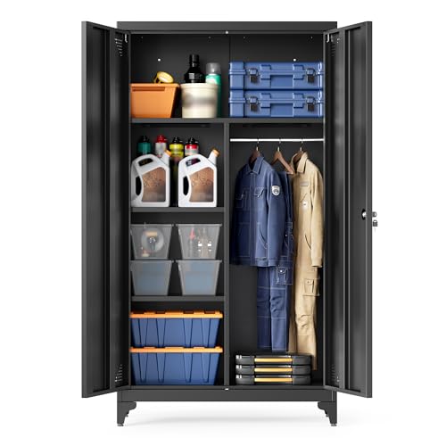 SONGMICS Mehrzweckschrank, Garderobenschrank, Aufbewahrungsschrank, Aktenschrank, Metallschrank, mit 2 Türen, 5 Fächern, Hängestange, abschließbar, hohe Füße, 80 x 40 x 165 cm, Mattschwarz OMC018BD01