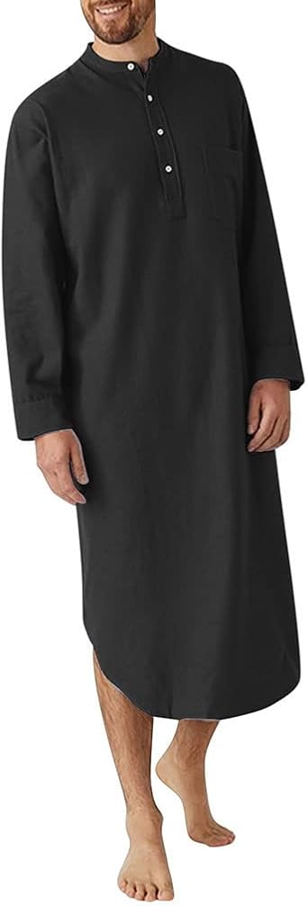 Mens Nightshirt Sleepwear Long Sleeve Nightgown Loose Sleep Shirt Soft Comfy Cotton Nightwear M-L