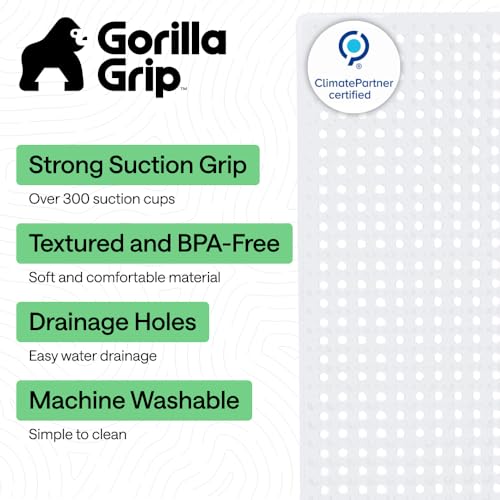 Image of GORILLA GRIP Patented Bath Tub Shower Mat, 2 Pack, Machine Washable Bathtub Floor Liner Mats, Suction Cups and Drain Holes to Keep Tubs Clean, Soft on Feet, Bathroom Essentials, 35x16 Inch, White