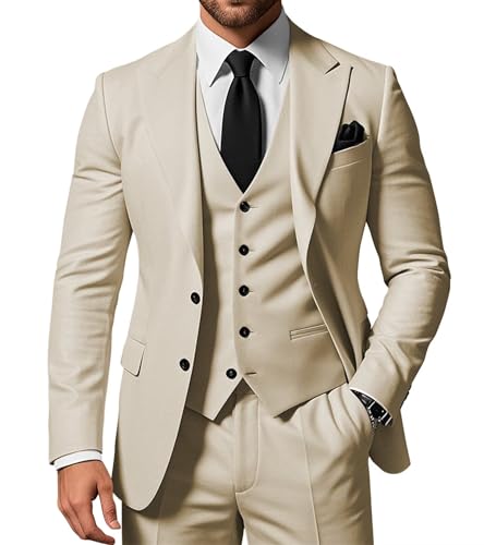 SPTALLFITJSV 3-teiliges Herren-Anzug-Set, schmale Passform, Spitzrevers, 2 Knöpfe, Blazer, Jacke, Weste, Hose, Set, Hochzeit, Business, Abschlussball, Party, Beige, L
