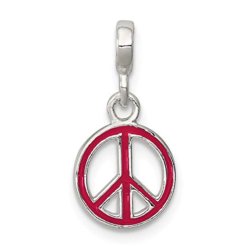 FB Jewels Solid 925 Sterling Silver Red Enameled Peace Sign Enhancer (0.39 x 0.75 Inches)