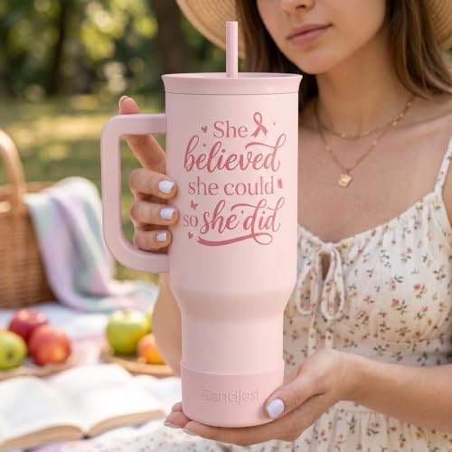 Image of Breast Cancer Awareness Stainless Steel Slider Tumbler with Handle 40 Ounces with Lid, Travel Cup, Insulated Bottles for Girls Women