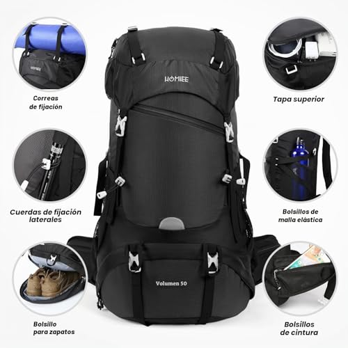 Miniatura 5 de Homiee Mochila De Senderismo 50l Macutos De Senderismo Impermeable Multifuncional Unisex Mochilas De Marcha Adecuada Para Senderismo, Esqui, Camping, Viaje, Deportes Al Aire Libre