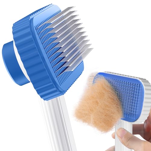 ACE2ACE Haustier Hundebürste Katzenbürste, Haustier Bürsten, Hundebürste Katzenbürste für Langhaar und Kurzhaar, Sauberes Haustierhaar von der Bürste mit Einem Knopf, Weißblau