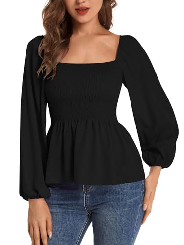 Umenlele Women's Long Sleeve Square Neck Shirred Ruched Ruffle Peplum Blouse Shirt Tops