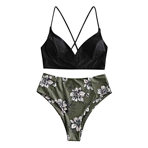 Bikini de mujer de 2 piezas traje de baño vintage verano bikini conjunto estampado traje de dos piezas de cintura alta control del vientre para playa y piscina deportiva, Negro , M
