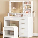 Hzuaneri Dressing Table with 3-Colour LED Adjustable Brightness, Vanity Table with Plug and Large Mirror, Stool and Hairdryer Holder, 6 Open Storage Areas, 90 cm desktop, White DT39003X