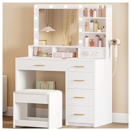 Hzuaneri Dressing Table with 3-Colour LED Adjustable Brightness, Vanity Table with Plug and Large Mirror, Stool and Hairdryer Holder, Muti-Drawer Dressing Table, 6 Open Storage Areas, White DT39003X
