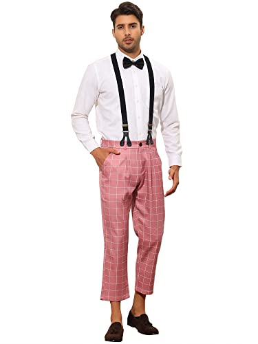 Lars Amadeus Business Plaid Pants for Men's Slim Fit Checked Dress Pants with Suspender