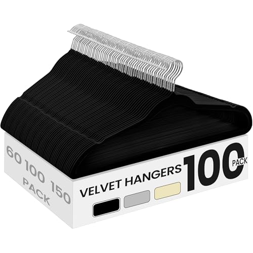 SONGMICS Velvet Hangers 100 Pack, Non-Slip, Heavy-Duty, Space-Saving | Slim Space-Saving for Closet, Heavy-Duty, Black, UCRF026BZ02S