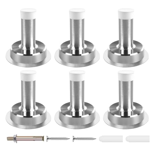 5CM Chrome Door Stoppers for Skirtings Self Adhesive Door Stops Indoors Stainless Steel Heavy Duty Doorstop with White Rubber Sound Dampening Door Bumper, 6 Pack