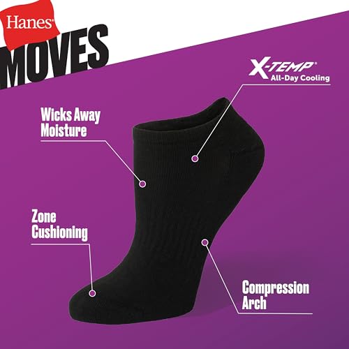 Image of Hanes Women's Moves Ankle Socks, Performance Socks for Women, X-Temp, Cushioned with Arch Support