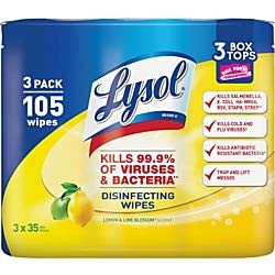 Lysol 82159 Disinfecting Wipes, 7 X 8, Lemon And Lime Blossom, 35/Canister, 3/Pack #TOP7