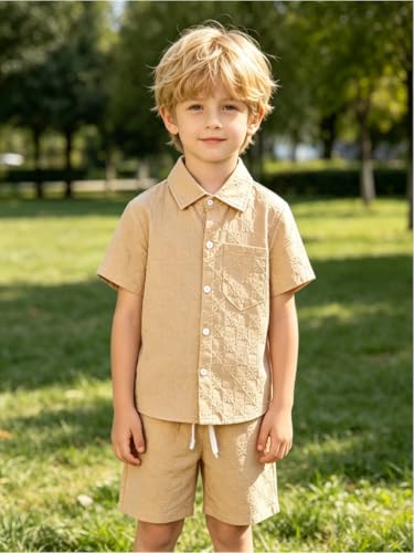 Image of Boys 6 Pieces Summer Beach Outfits Short Sleeve Button Down Shirts and Shorts Vacation Texture Sets for Kids