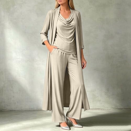 GOSEAGOTOFUN 3 Piece Lounge Sets for Women Crew Neck Tops Long Open Front Cardigan and Loose Pants Fall Travel Lounge Outfits 01-Beige Small - image 2