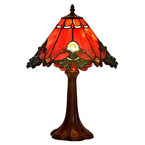 Limited Stock BIEYE L10021 Baroque Tiffany Style Stained Glass Table Lamp Night Light with 13 Inches Wide Handmade Lampshade Metal Base for Bedside Bedroom Living Room, 13"W x 19"H, Red