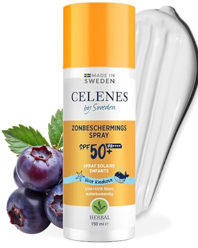 Celenes by Sweden Sonnenschutzspray SPF50 für Kinder - Sanft zu empfindlicher Haut | Mineralischer Schutz für alle Hauttypen | Wasserfest, ohne Parfüme/Parabene oder Alkohol | Kräuterformel - 150ml