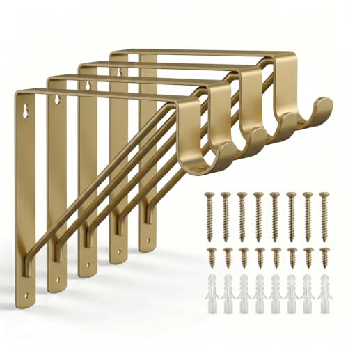KOSEOO 4 Pack Heavy Duty Closet Shelf and Rod Brackets, 11x10 Inch Gold Metal Shelf Brackets with Rod Holder for 12" Wood Boards, Wall Mounted Center Support Bracket for Walk-in Closet & Laundry Room