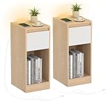 VASAGLE Slim Bedside Tables with Charging Station and LED Light, Set of 2 Narrow Side End Tables, USB Ports, Drawer and Open Compartment, for Bedroom, Living Room, Oak Beige and Cloud White LET710Y01