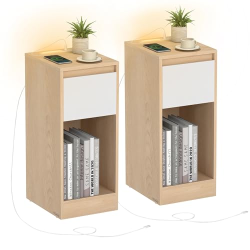 VASAGLE Lot de 2, Table de Chevet Étroite, Table d’Appoint, avec Éclairage LED, 1 Port USB-A, 1 Port USB-C, Tiroirs et Compartiments Ouverts, pour Chambre, Salon,...