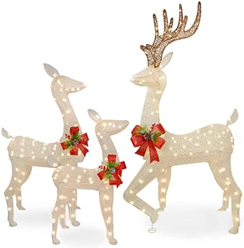 (Super Larger Size) 3-Piece Reindeer Christmas Decorations Outdoor Indoor, Lighted Christmas Deer Family Set Outdoor Yard Decoration with 230 LED Lights, Zip Ties, Stakes, Lighted Buck, Doe and Fawn