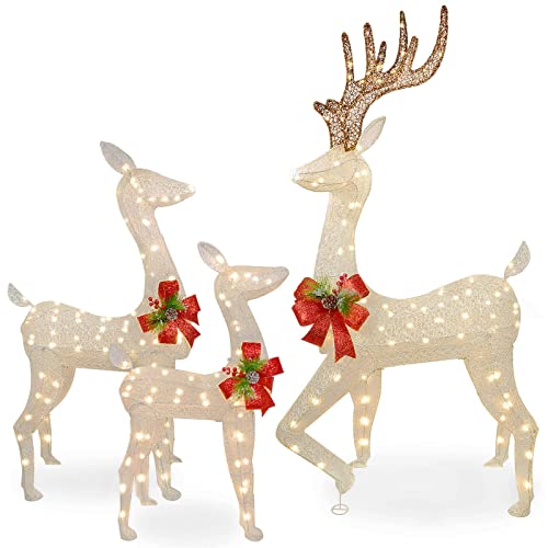 (Super Larger Size) 3-Piece Reindeer Christmas Decorations Outdoor Indoor, Lighted Christmas Deer Family Set Outdoor Yard Decoration with 230 LED Lights, Zip Ties, Stakes, Lighted Buck, Doe and Fawn by FOAMICHI - Used condition - US$52.22