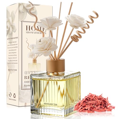 Mahogany Teak Reed Diffuser - 6.7 oz Glass Bottle with 4 Rattan Sticks, 3 Dried Flowers | Adjustable, Long-Lasting Scent for Home, Bedroom, Living Room, Office, Bathroom | Aromatherapy Gift